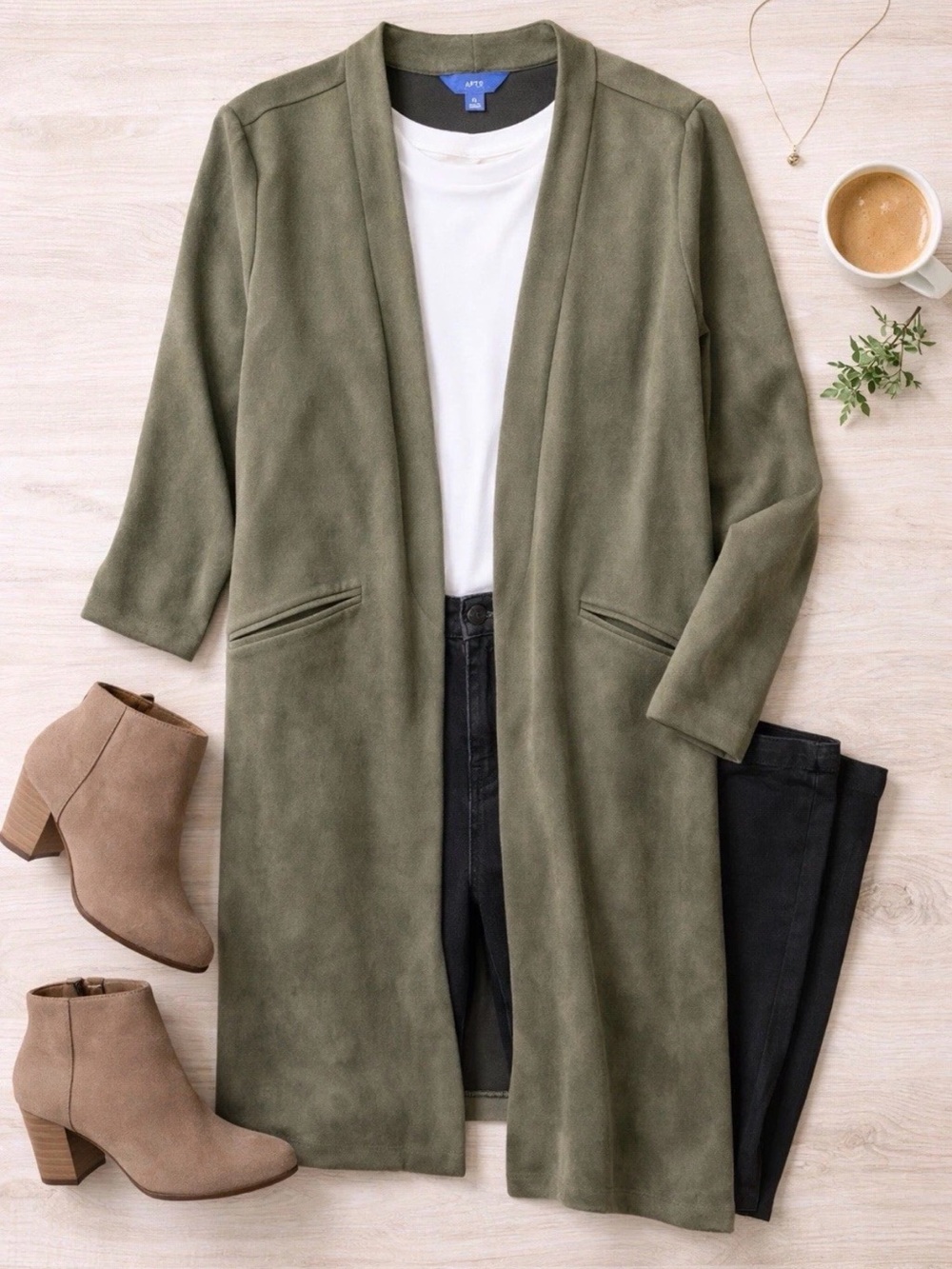 APT 9 Olive Faux Suede Cardigan Jacket XL Open Front Duster Coat Lightweight